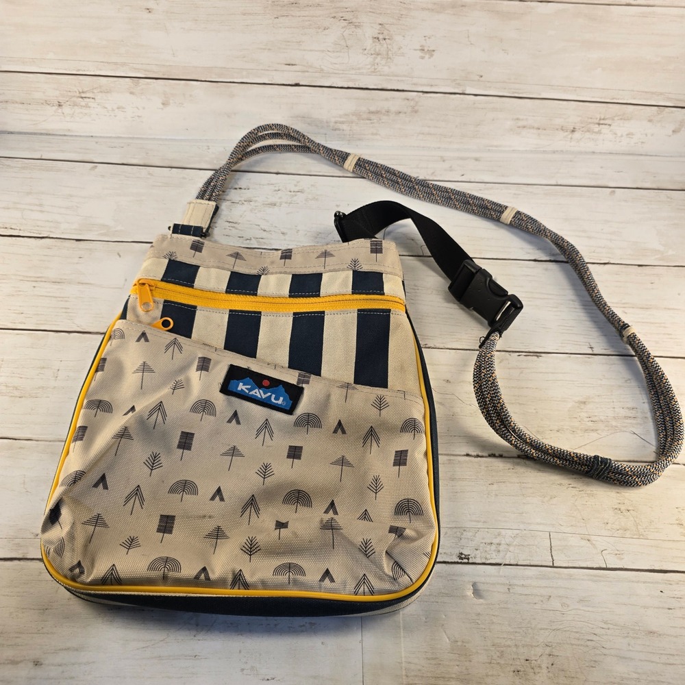 KAVU Rope Strap Canvas Crossbody Bag Navy Stripe Forest Print Yellow Trim